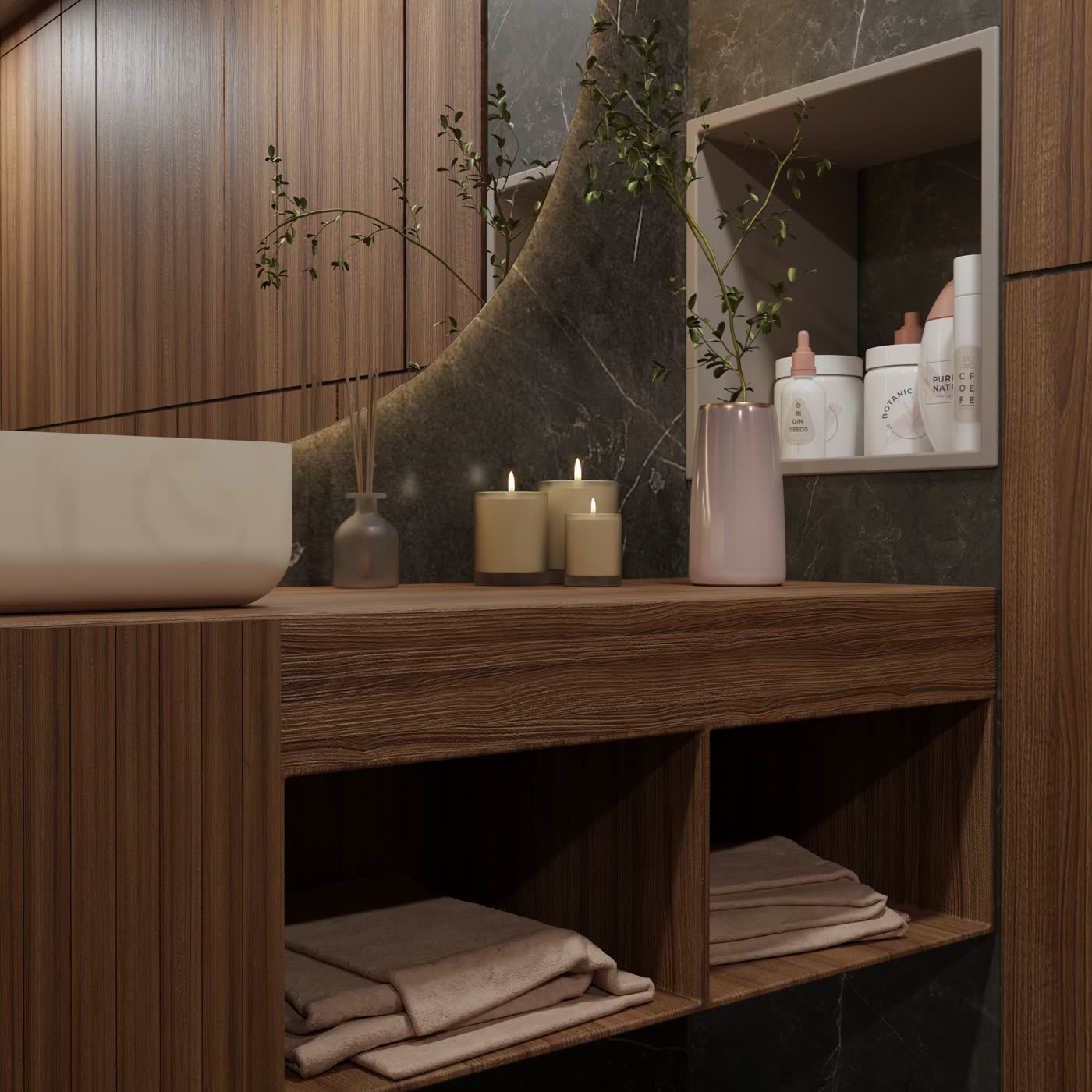 Walnut vanity and shelving with continuous grain